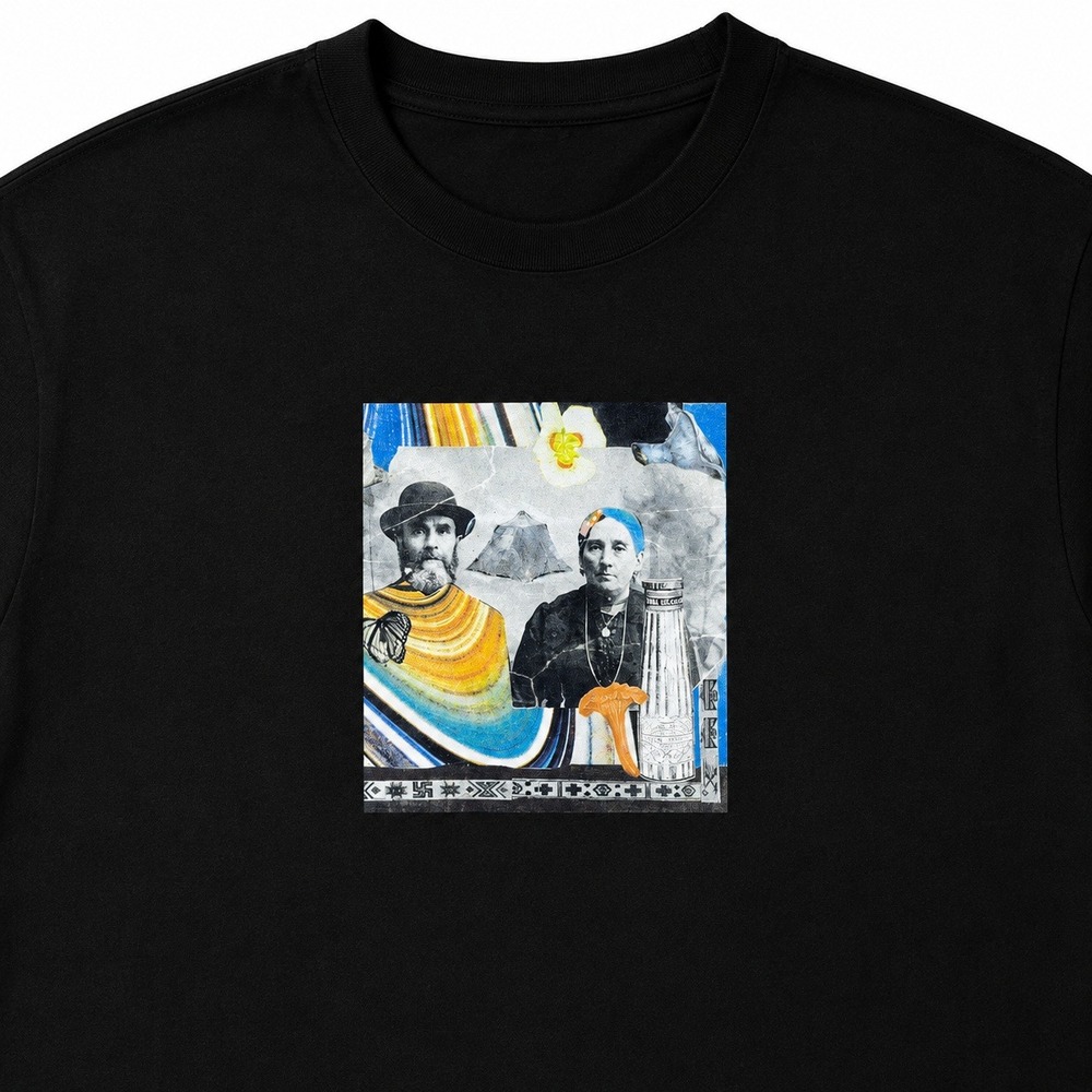 Surrealist Folk Art Portrait Collage Graphic Tee Mens L Black Indie Boho - Picture 2 of 4